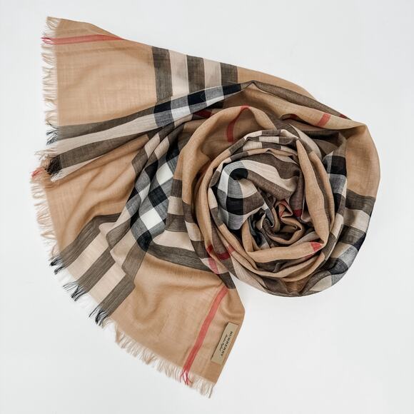 Burberry Scarf Authentic Beige Gauze Lightweight Plaid Nova Check Long Oversized - Picture 5 of 8